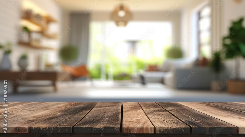 Empty wooden table and blurred living room background, product display montage
