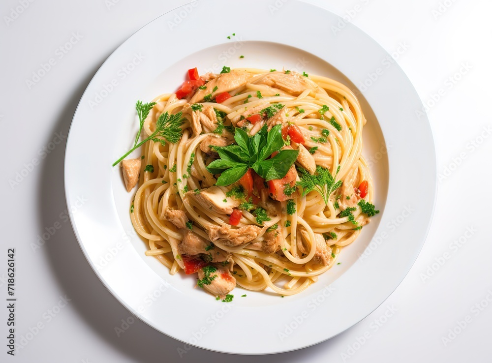 Spaghetti on a white plate with sliced meat, mayonnaise and green leaf decoration on top. generative AI Spaghetti on a white plate with sliced meat, mayonnaise and green leaf decoration on top. generative AI