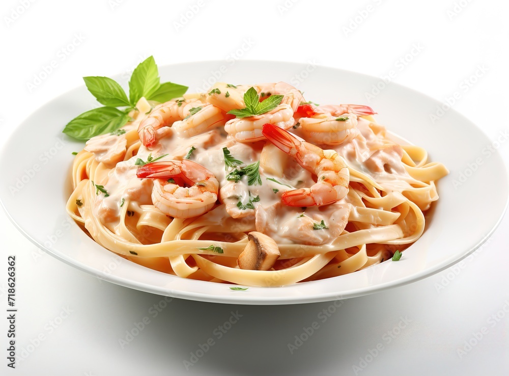 Spaghetti on a white plate with sliced meat, mayonnaise and green leaf decoration on top. generative AI Spaghetti on a white plate with sliced meat, mayonnaise and green leaf decoration on top. generative AI