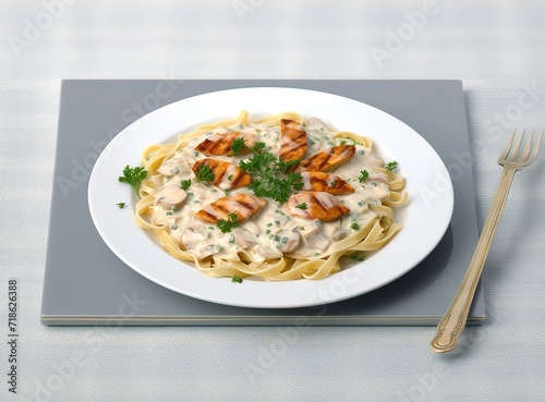 Spaghetti on a white plate with mayonnaise and sliced ​​meat on top. generative AI