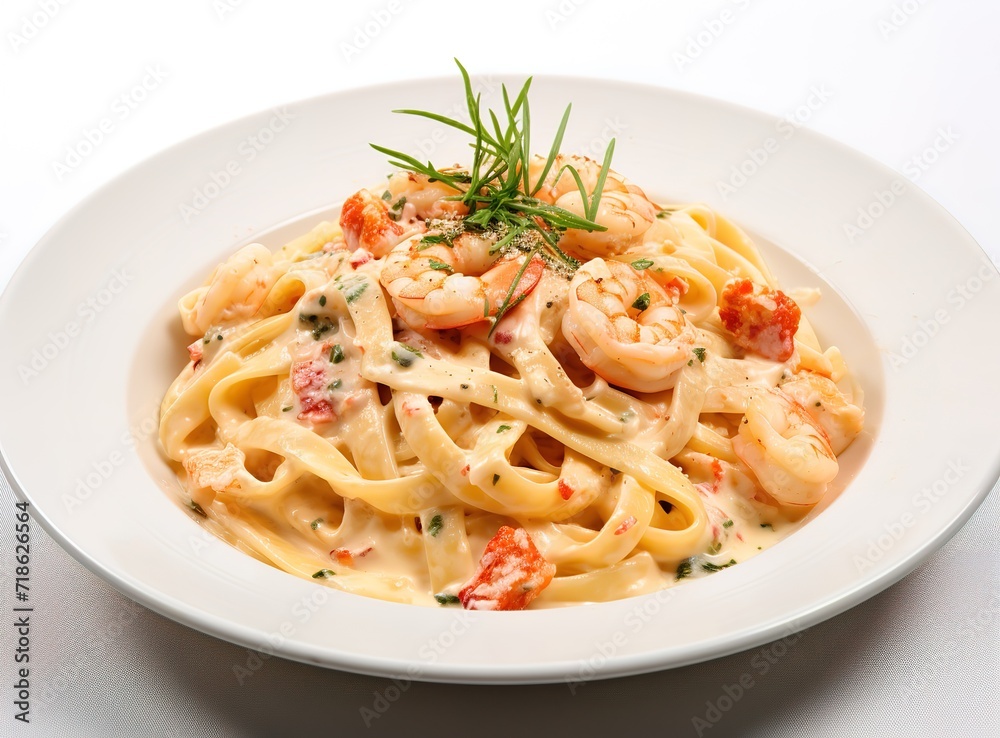Spaghetti on a white plate with mayonnaise and sliced meat on top. generative AI Spaghetti on a white plate with mayonnaise and sliced meat on top. generative AI