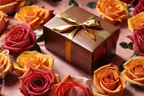 bouquet of roses and box