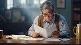 Elderly man in glasses focused on reading documents at his desk.