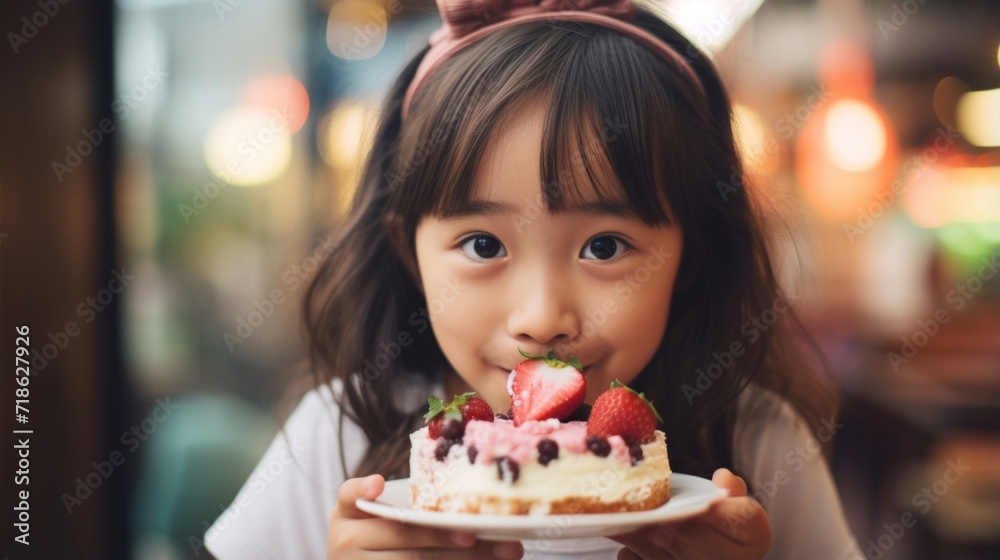 Cute young girl delightedly eating a strawberry-topped cake in a cozy café atmosphere.