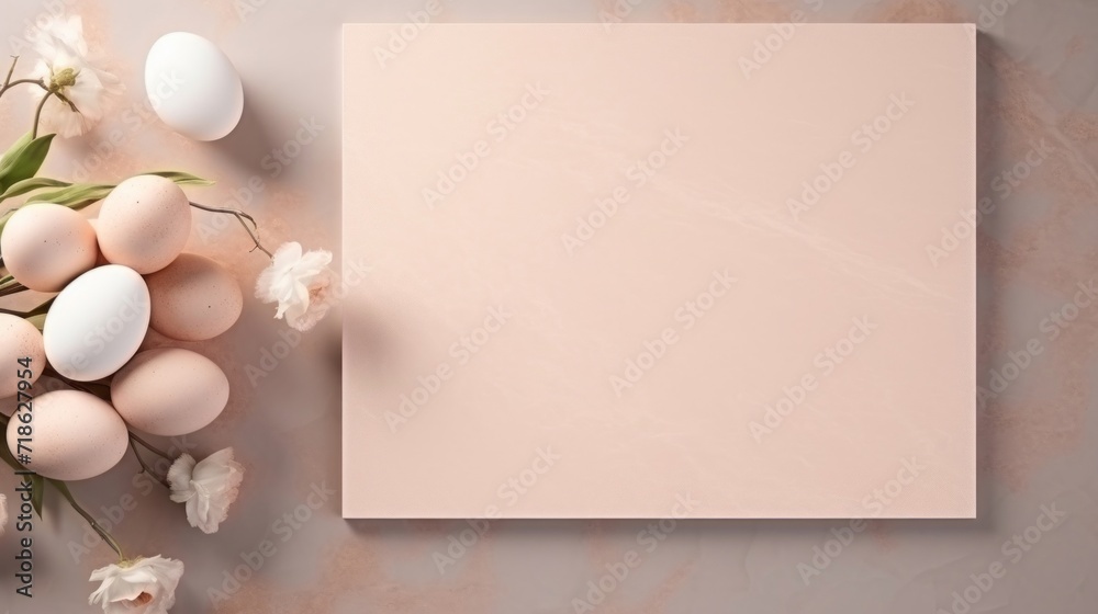 A serene arrangement of speckled Easter eggs and delicate white flowers on a pastel surface.