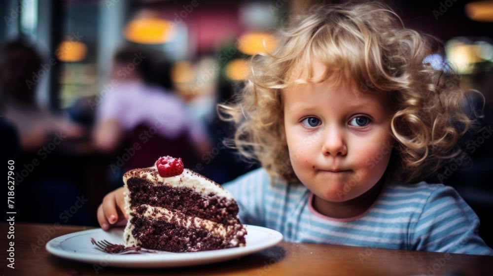 Curly-haired toddler with blue eyes eating a slice of chocolate cake in a lively restaurant setting.
