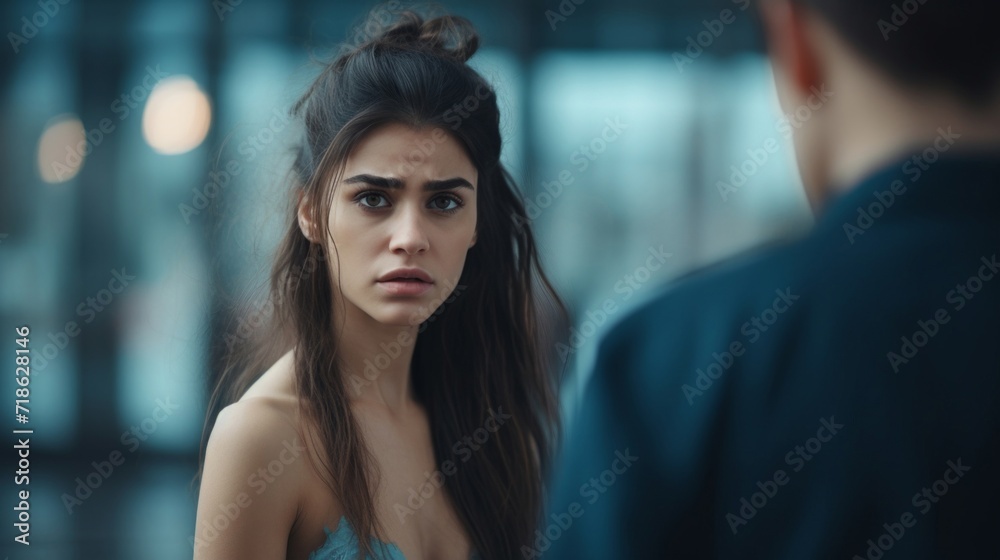 A young woman with a worried expression talking to a man, indicating a serious conversation or concern.