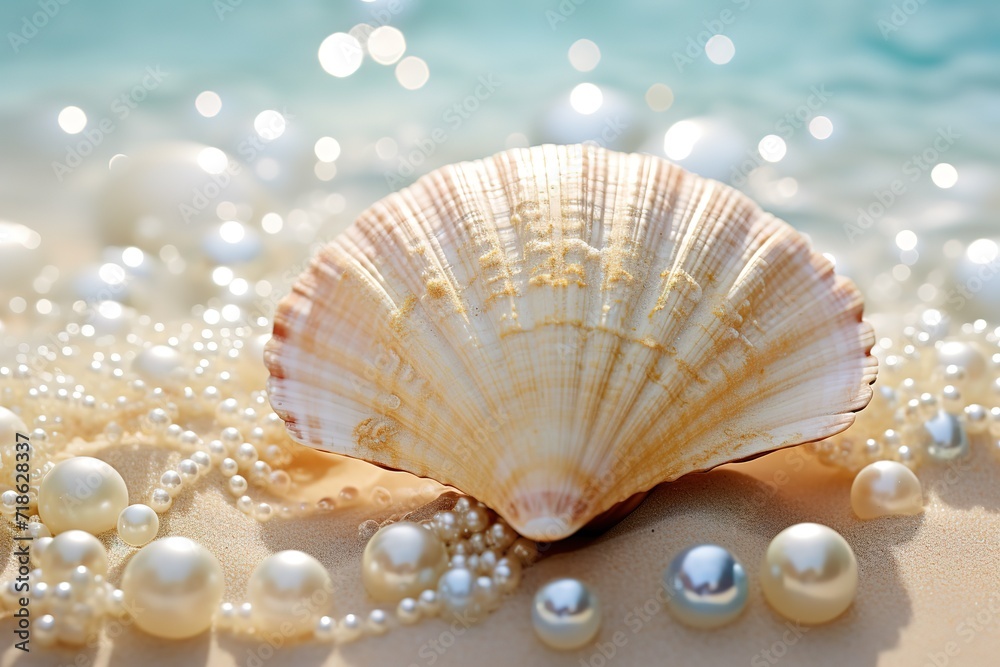 Shells with shiny pearl decoration on the side. generative AI Shells with shiny pearl decoration on the side. generative AI