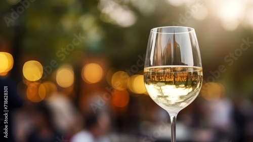 A single white wine glass elegantly presented against a backdrop of golden bokeh lights at twilight.