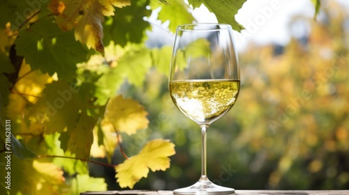 A crisp glass of white wine set against the golden hues of an autumn vineyard, inviting a taste of the season.
