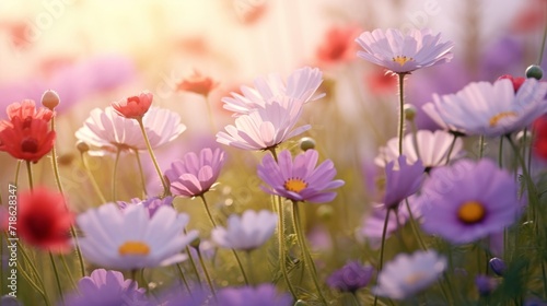 Field of vibrant cosmos flowers basking in the warm, golden sunset light.