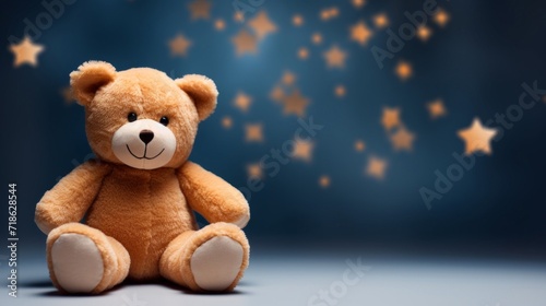 Cuddly teddy bear sitting against a whimsical starry night backdrop, conveying innocence and comfort. © tashechka