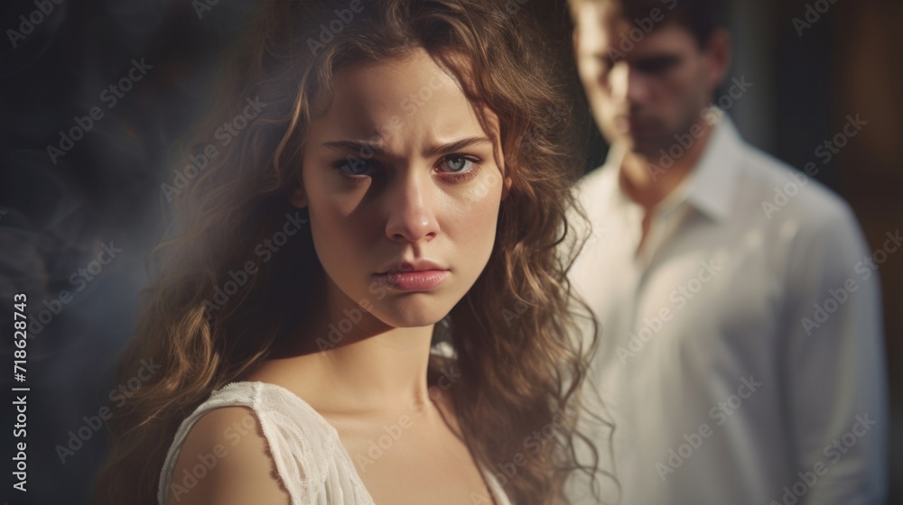 Young woman with a troubled expression with an unfocused man in the background. Young woman with a troubled expression with an unfocused man in the background.