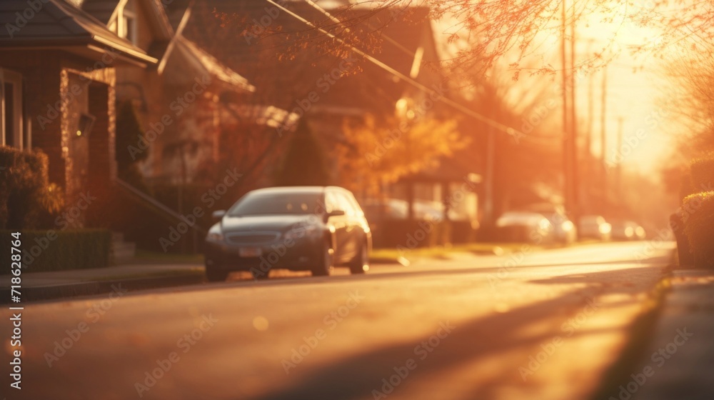 Warm sunset lighting over a serene suburban street with a car parked along the roadside.