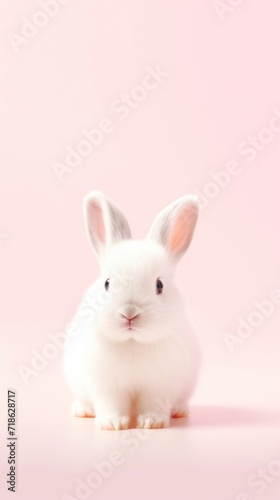 A cute white rabbit sits attentively against a soft pink backdrop, ideal for Easter or pet themes.