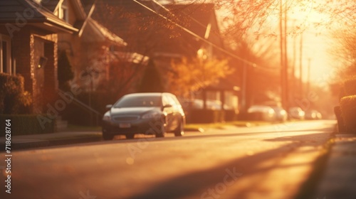 Warm sunset lighting over a serene suburban street with a car parked along the roadside.