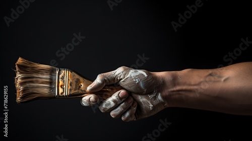 Man's hand holding a paintbrush on a black background, studio shot