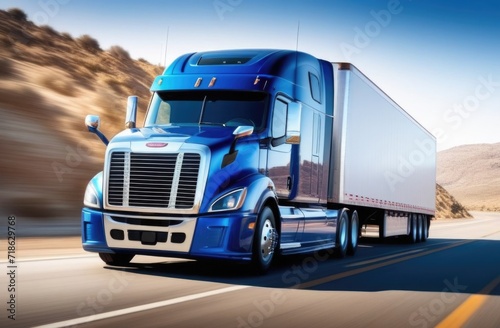 Truck with container on highway, cargo transportation concept