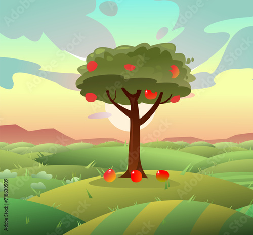 Apples are growing. Mature fruit tree with ripe fruits. Cartoon fun style. Rural landscape with vegetable gardens and meadows. Flat design. Vector