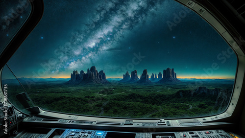 Fantastic view from the porthole of the spaceship. AI