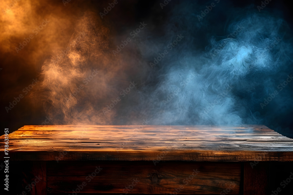 empty_wooden_table_with_Faint_smoke in dark