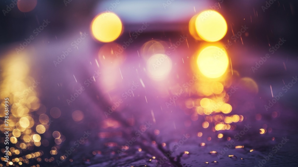 Abstract bokeh effect of car taillights on a rainy urban street at night.