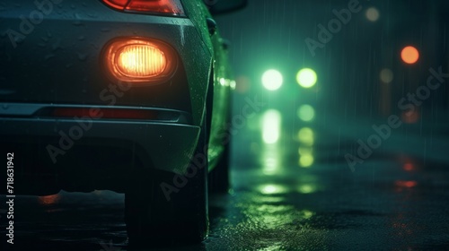 Rear lights of a car illuminated on a rainy night with glistening wet road. © tashechka