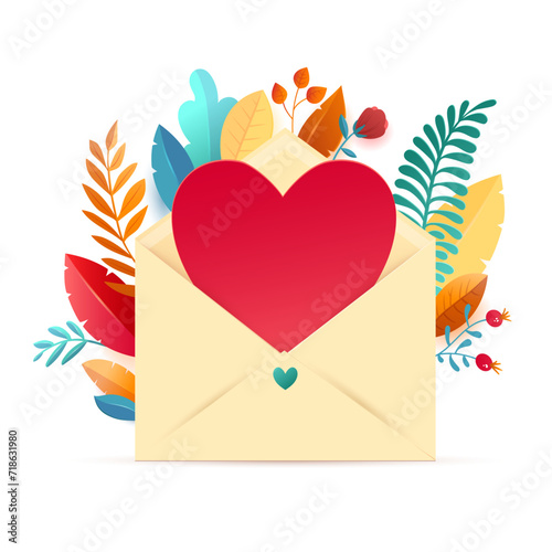 Heart shape paper and plants flowers with envelope. Happy Valentine's Day