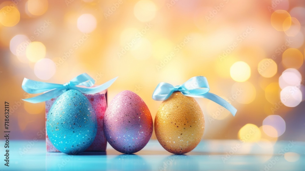 Colorful Easter eggs with ribbons on a reflective surface with a bokeh light background.