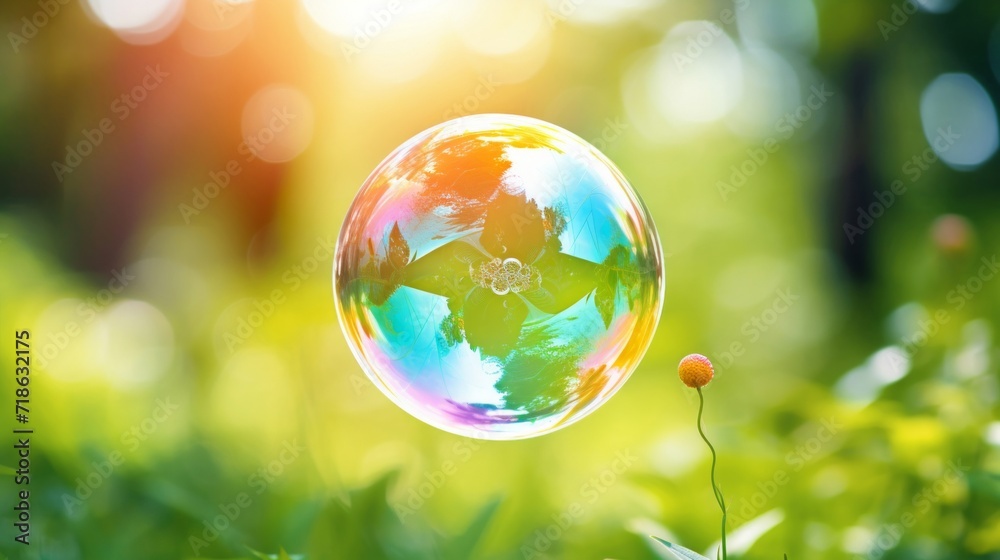 A delicate iridescent soap bubble floats over a lush greenery background, capturing a moment of wonder. A delicate iridescent soap bubble floats over a lush greenery background, capturing a moment of wonder.