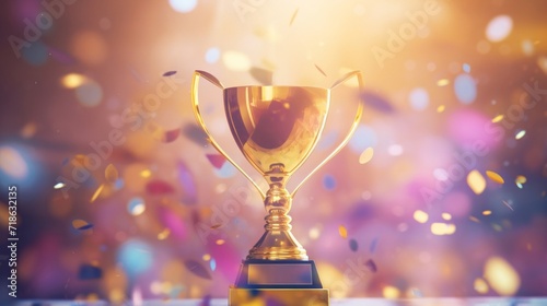 Elegant trophy cup showcased against a blur of bokeh lights, depicting achievement and recognition.