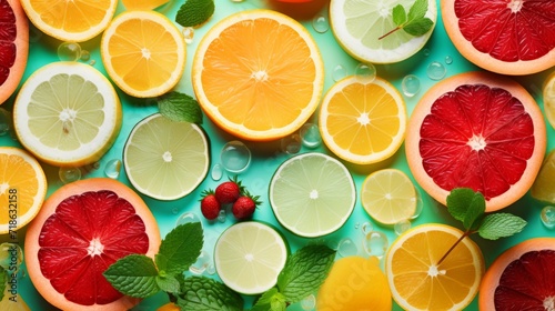 A vibrant arrangement of citrus fruits on a bright aqua background, full of freshness and color.
