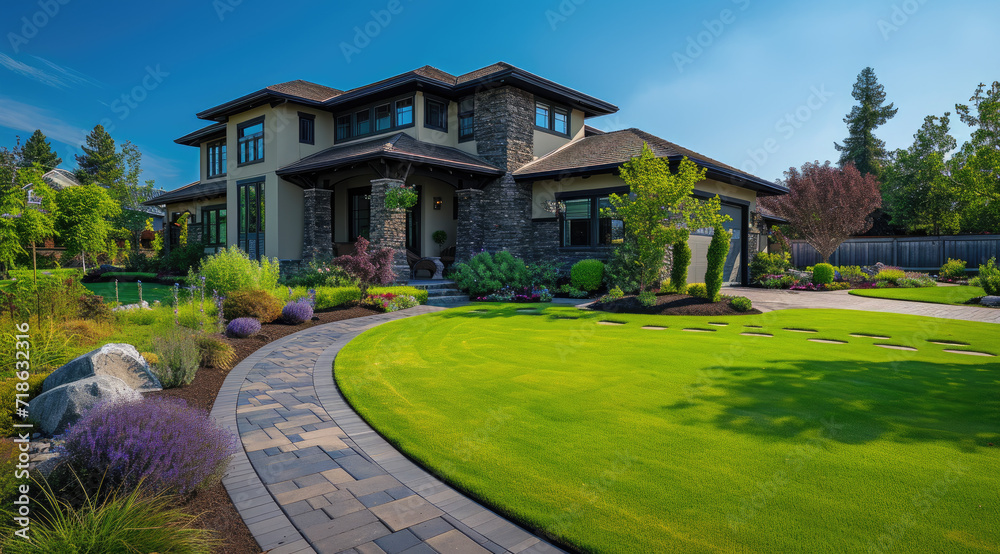 an awesome house with a green grass lawn and beautiful garden