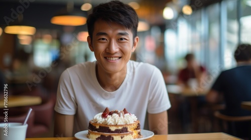A cheerful young man enjoying a slice of cake in a cafe  with a bright and welcoming ambiance.