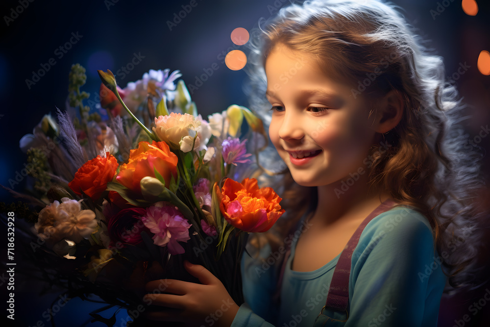 Smile caucasian little girl a bouquet of different flowers of chrysanthemum roses