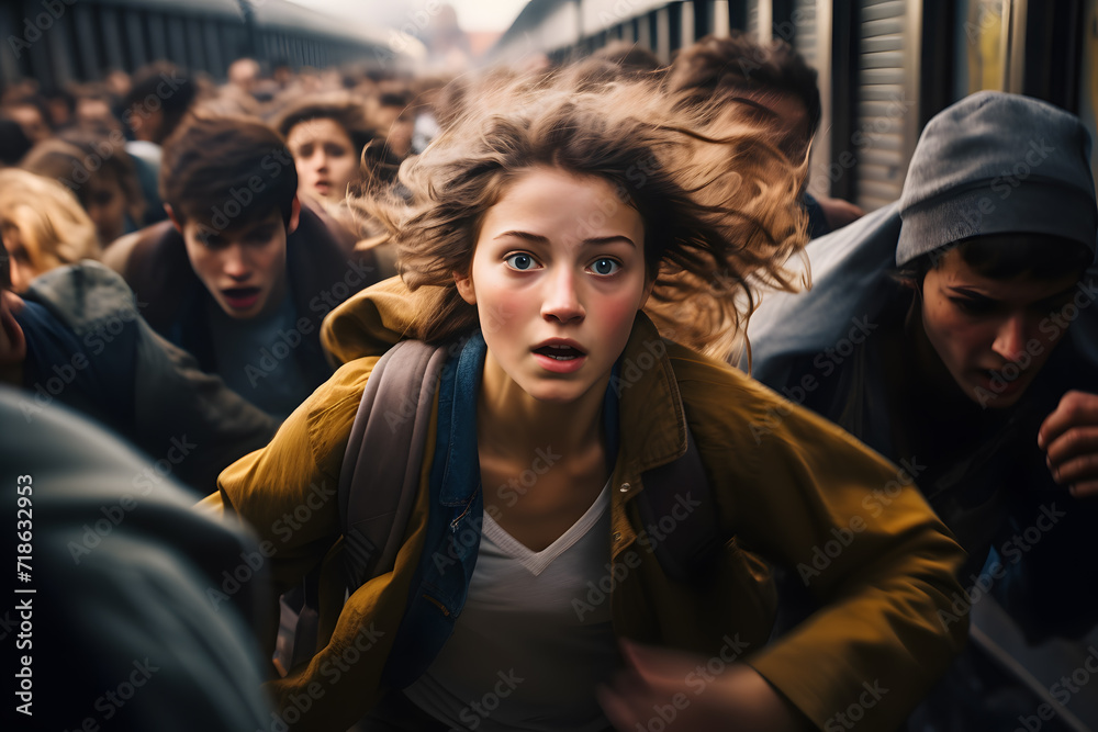 Scared worried panic girl running in a crowd of people and chasing the leaving train in station