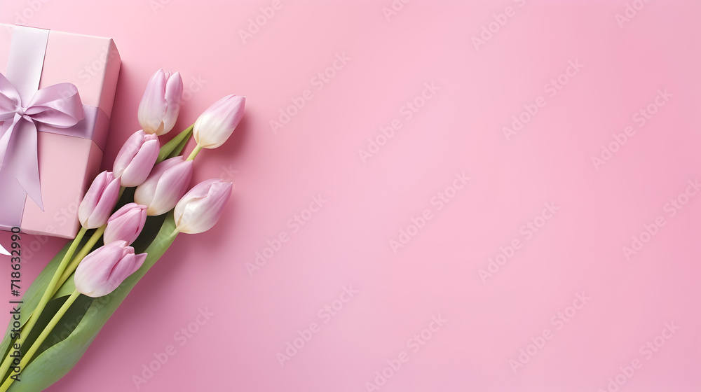 Easter greeting card with easter gingerbread eggs gift box and tulip flowers over pink background,,
Beautiful gift box, candles and flowers on color background