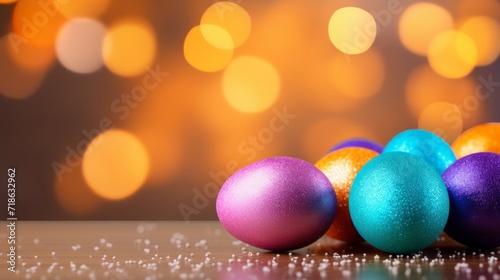 A collection of colorful Easter eggs with a warm bokeh light effect.
