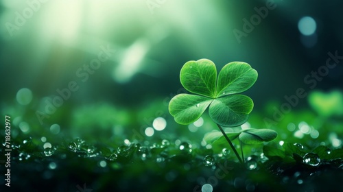 A single four-leaf clover standing out with fresh dew drops, symbolizing luck.