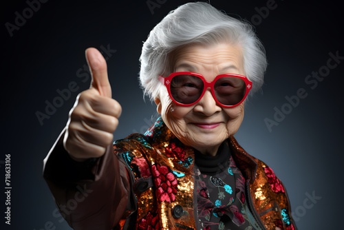 Happy elderly Asian woman red sunglasses showing a thumbs up and looking at the camera with a smile while standing on a gray background. Aged people and relaxation concept