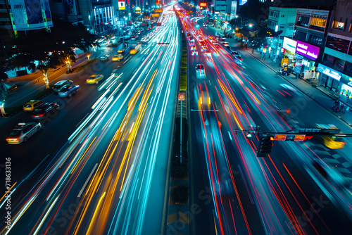 Long exposure shot of traffic in the city at night fast moving with blurry © Pattanan