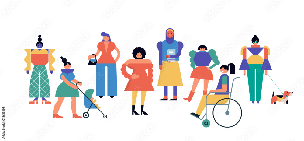 Group of women, community, family or neighborhood standing together. International Women's Day. Characters in geometric fun modern style. Colorful concept design