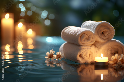 Relaxing spa setting with rolled towels  glowing candles  and flowers on water surface  evoking tranquility and relaxation Ideal for wellness  self-care  and serenity themes
