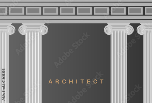 Building ancient monument background. Roman style architecture bureau with ionic column. Raster illustration column capitals classical Greek 