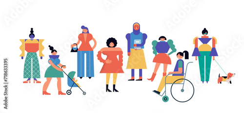 Group of women, community, family or neighborhood standing together. International Women's Day. Characters in geometric fun modern style. Colorful concept design