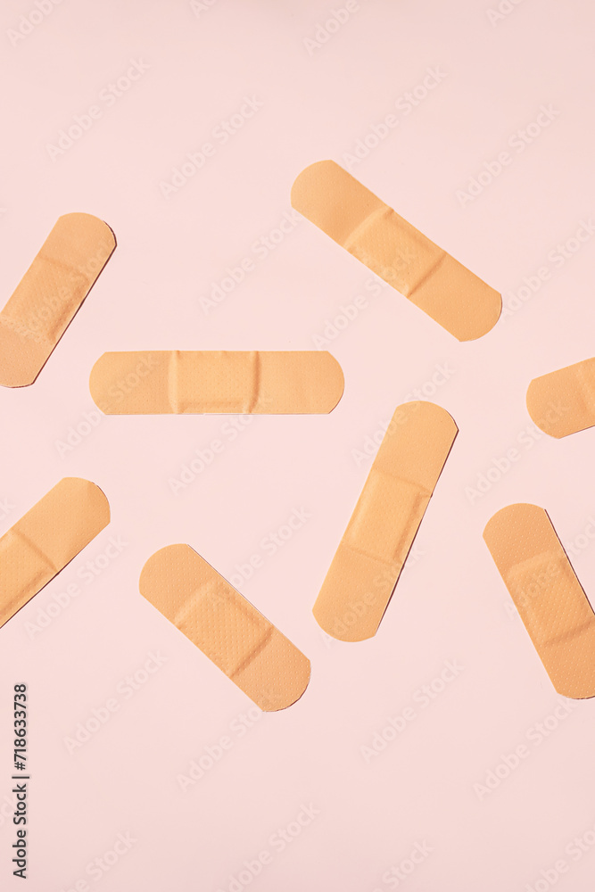 Adhesive bandage for firs aid. Band aids layout. Adhesive bandage for firs aid. Band aids layout.
