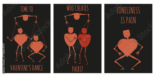 Set card with Cartoon Marionette heart on black background. Valentine's Day art with character in trendy Rubber Hose style. Vector illustration for  Valentine banner poster. EPS 10 