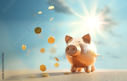 piggy banks decorated with gold coins on the sides in front of the blue wall. generative AI
