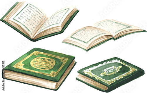 Holy Quran book. Design element for Ramadan or other religious Islamic holidays. Hand drawn watercolor illustration isolated on white background