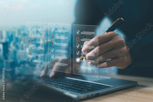 business verify task detail, tick checkmark in the survey item on a laptop. concept of task audit in a list of documents, option check form online, checklist process order, and evaluation tick mark